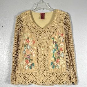 V Cristina Crocheted Floral Embroidered Long Sleeve Boho Top sz XL